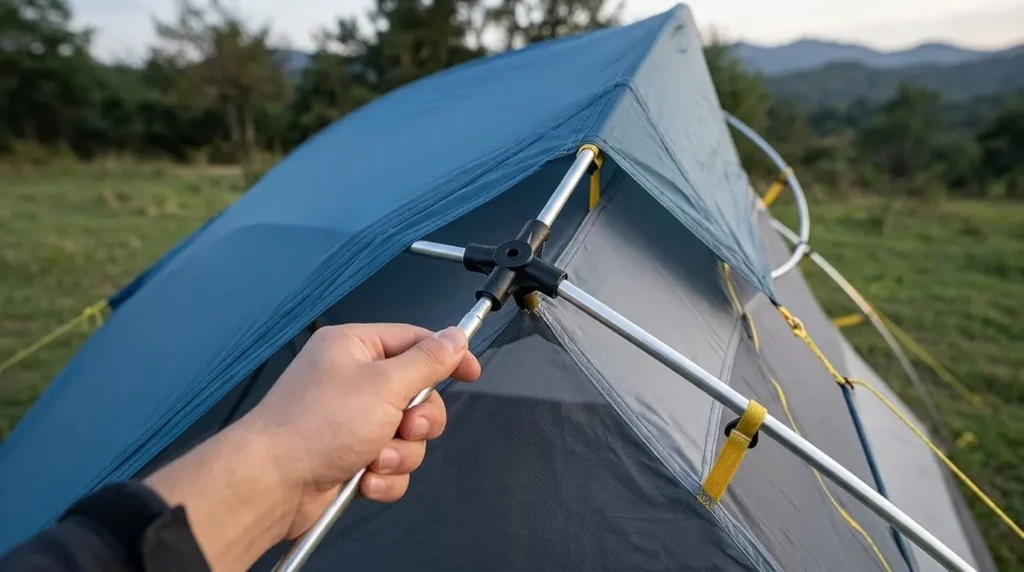 A close up view of the hubbed pole system on a Naturehike Mongar 2 tent.