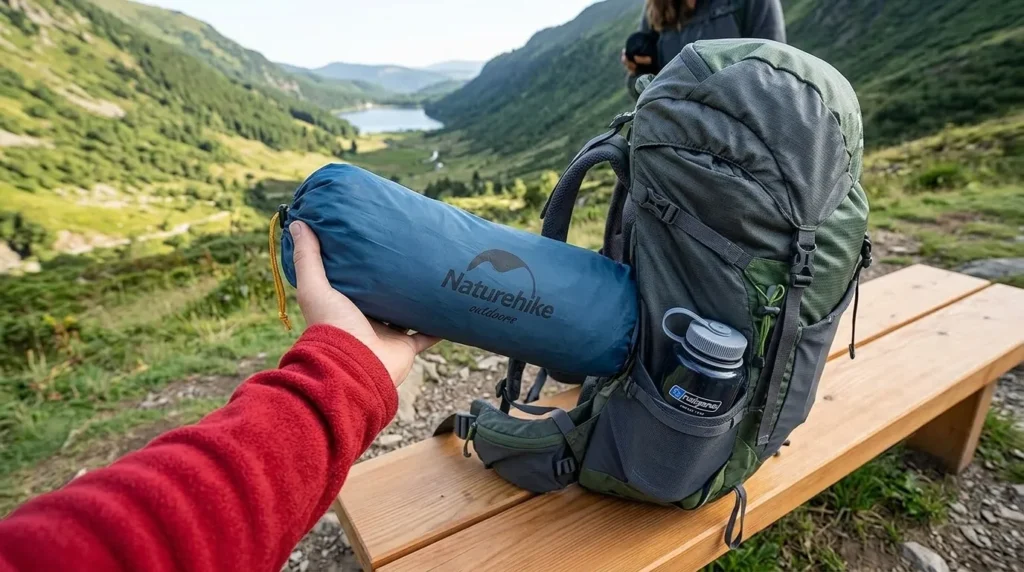 A Naturehike Mongar 2 tent bag shown next to a hiking pack to demonstrate its packed volume.