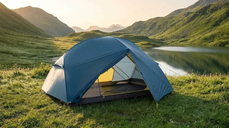 A purple Naturehike Mongar 2 backpacking tent fully pitched at a scenic lakeside campsite.