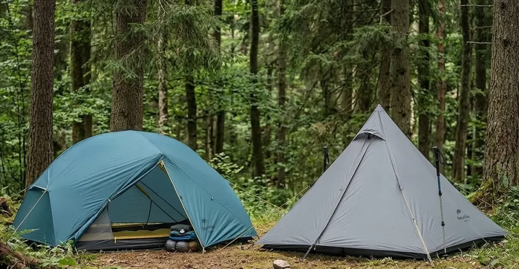 A comparison between the freestanding Naturehike Mongar 2 and a non-freestanding trekking pole tent at a campsite.