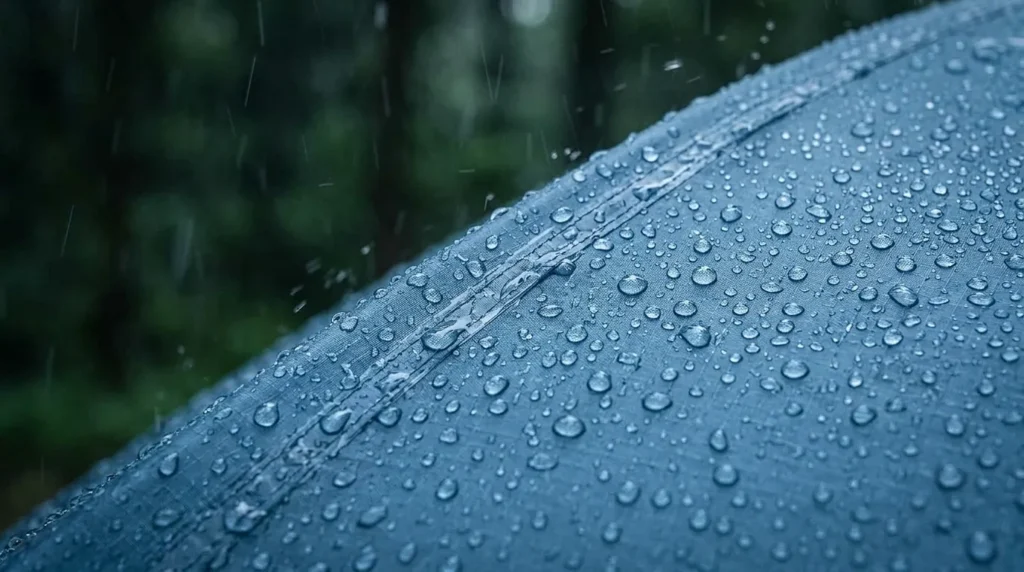 Water beading on the 4000mm waterproof rainfly of a Naturehike Mongar 2 tent.