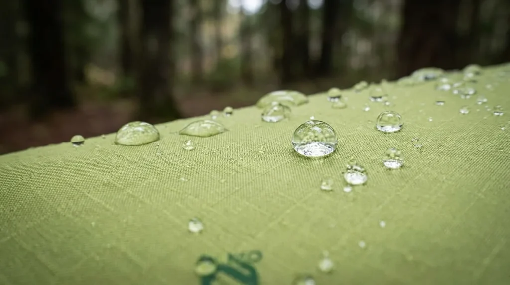 Close up of water beading on the waterproof OSMO fabric of a Nemo Hornet OSMO 2P tent.