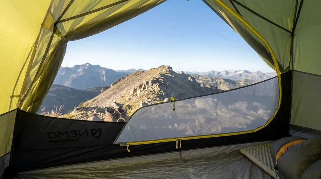 Inside the Nemo Hornet OSMO 2P showing the tapered floor space and two sleeping pads.