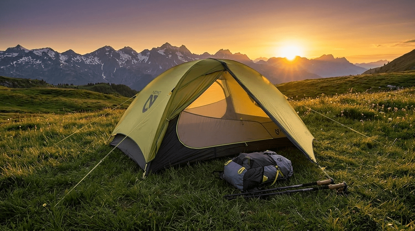 A Nemo Hornet OSMO 2P ultralight tent pitched in a scenic mountain meadow at sunset.