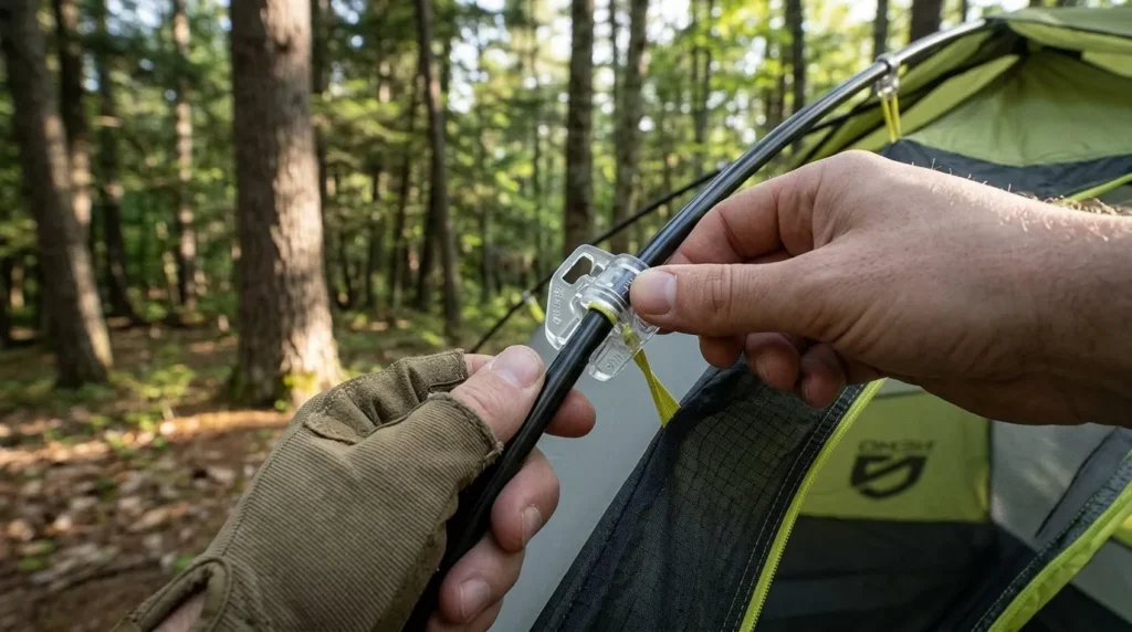 A close up showing the simple clip and hub pole setup of a Nemo Hornet tent.