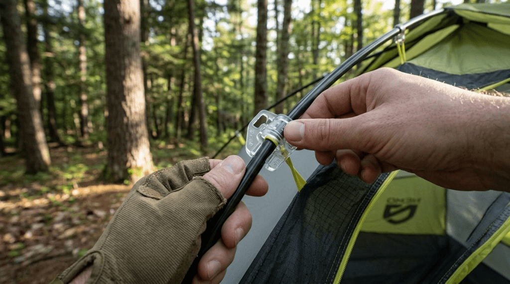 A close up showing the simple clip and hub pole setup of a Nemo Hornet tent.