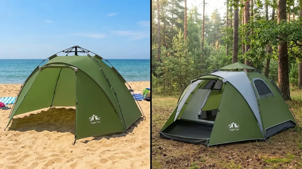 A comparison of the Night Cat pop up tent used as both a standalone sunshade and a full camping tent.