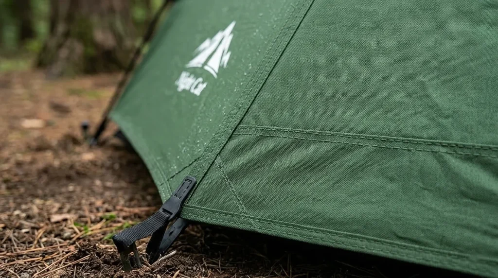 A detailed view of the reinforced seams and thick Oxford floor material on a Night Cat tent.
