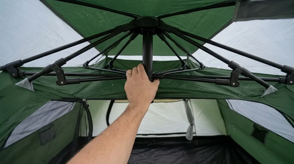A close-up view of the hydraulic automatic hub mechanism on a Night Cat pop up tent during setup.