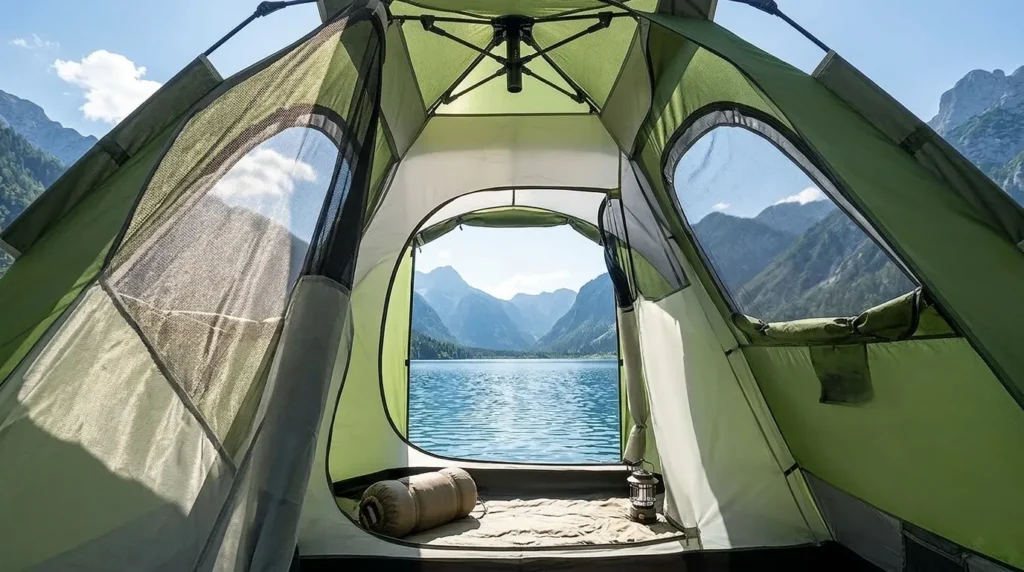 Looking out of the large mesh windows of a Night Cat tent to show the cross ventilation and airflow.