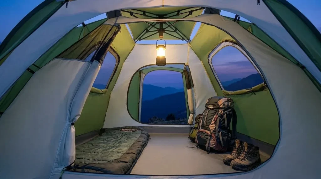 The interior floor space of a Night Cat 2-person tent set up for a solo camper with gear.