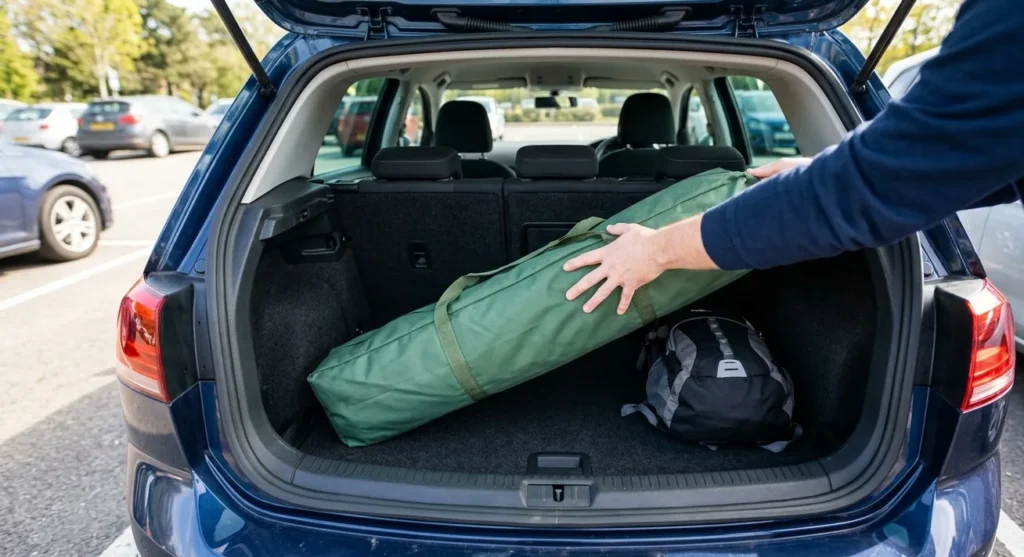 A cylindrical Night Cat pop up tent bag being packed into a car trunk to show its manageable shape.