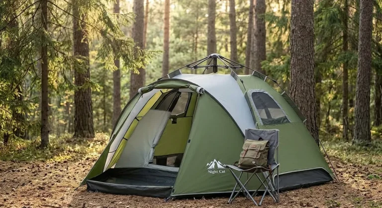 A forest green Night Cat pop up tent fully set up in a pine forest using its hydraulic automatic hub.