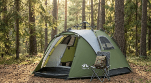A forest green Night Cat pop up tent fully set up in a pine forest using its hydraulic automatic hub.