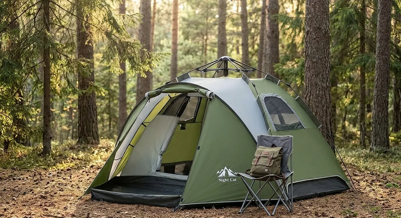 A forest green Night Cat pop up tent fully set up in a pine forest using its hydraulic automatic hub.