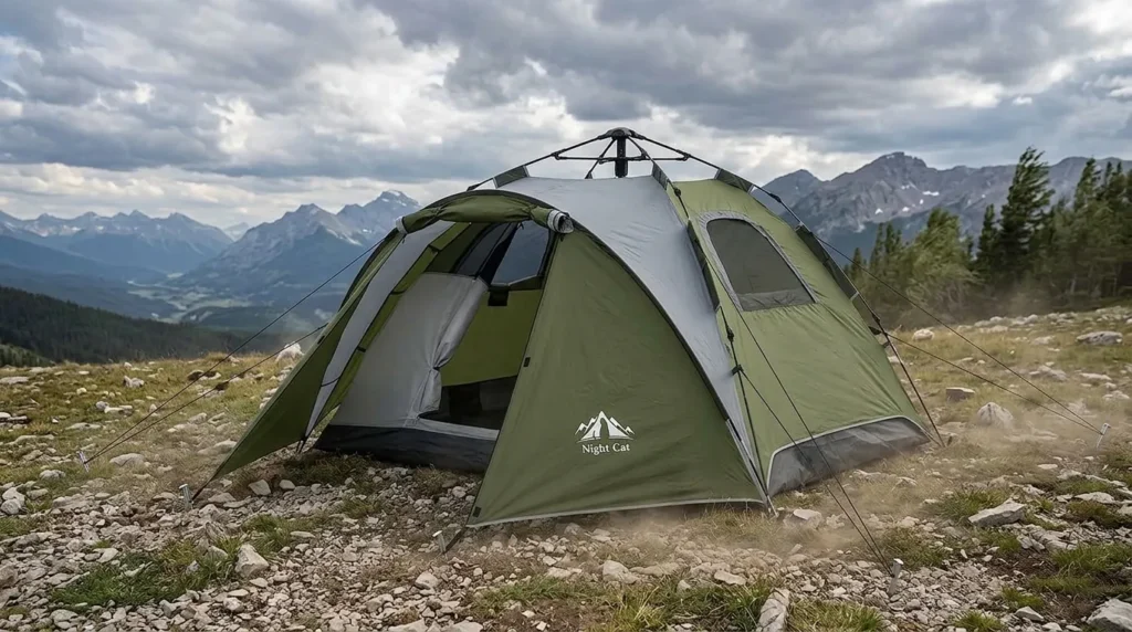 A Night Cat tent properly anchored with guy lines to maintain stability in windy conditions.