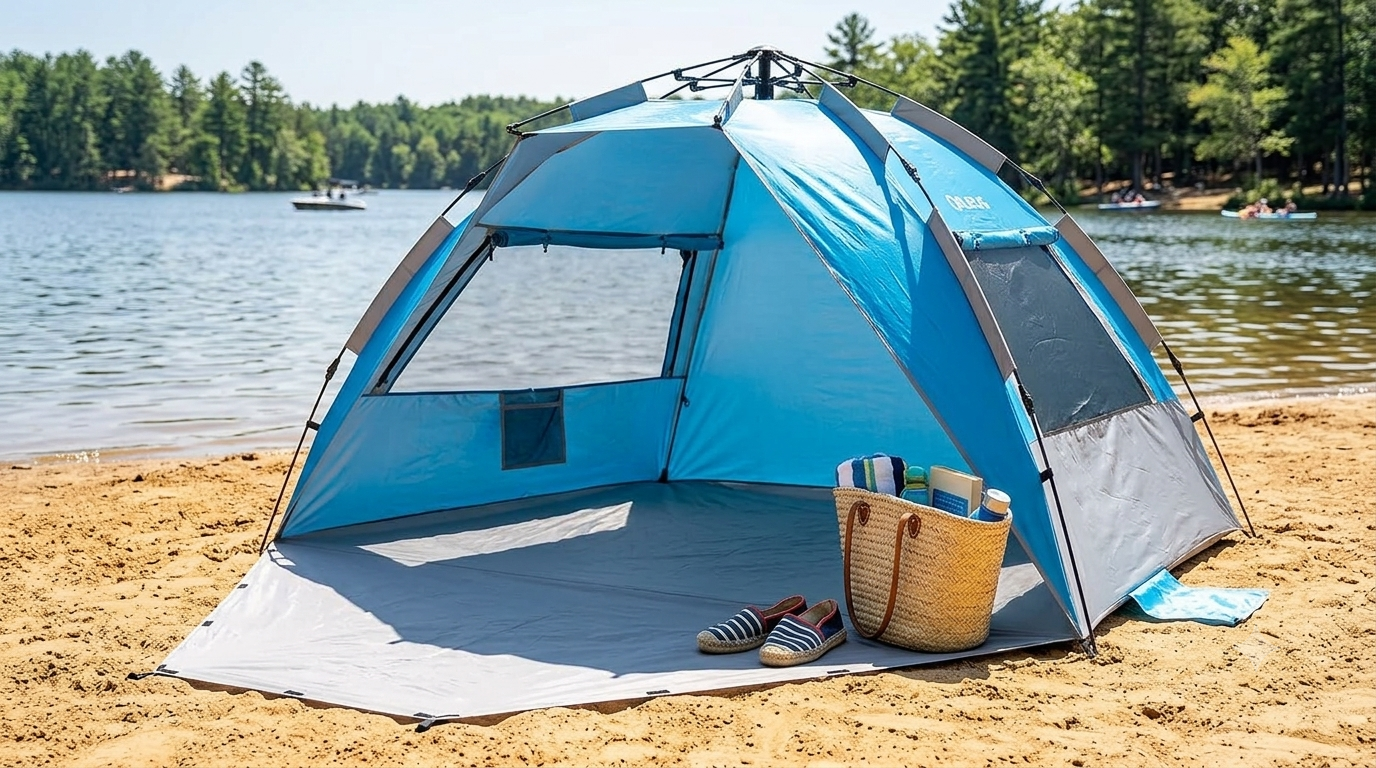 A blue Oileus pop up tent with an open vestibule pitched near a lake on a sunny day.