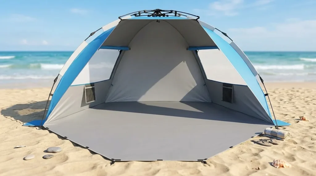 The interior view of an Oileus pop up tent showing the extra storage space provided by the vestibule.