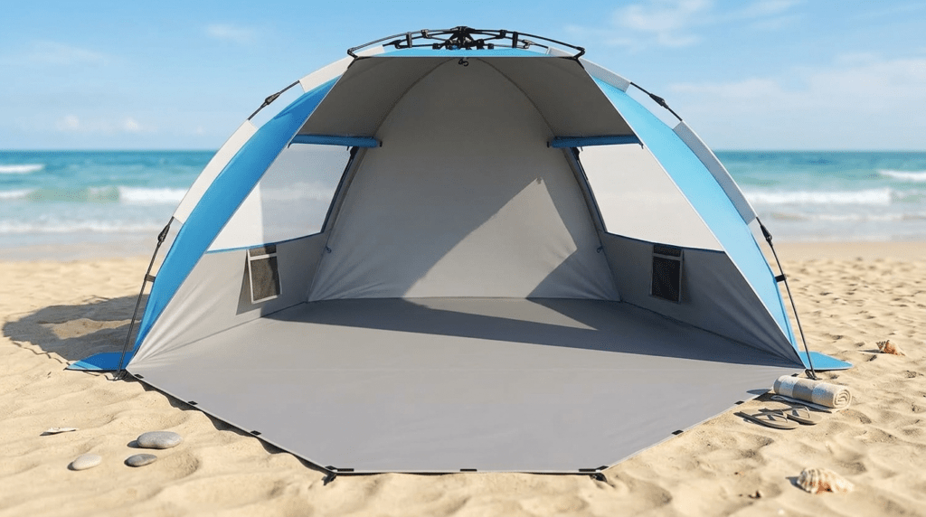 The interior view of an Oileus pop up tent showing the extra storage space provided by the vestibule.