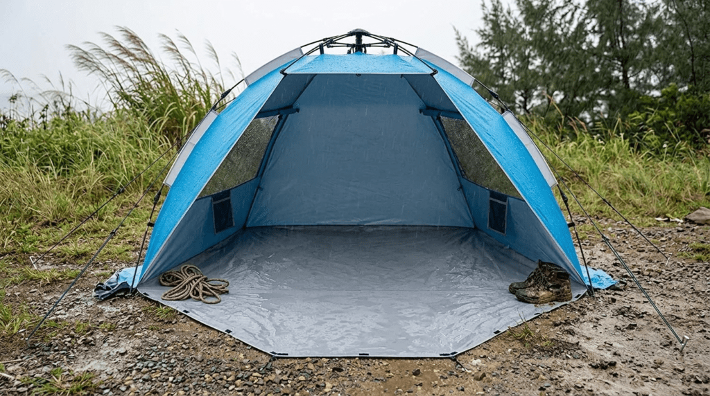 A blue and silver Oileus pop up tent securely anchored with guy lines during a light rain shower.