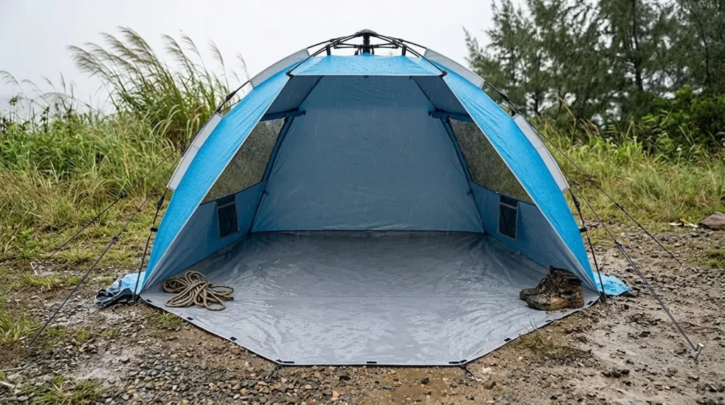 A blue and silver Oileus pop up tent securely anchored with guy lines during a light rain shower.