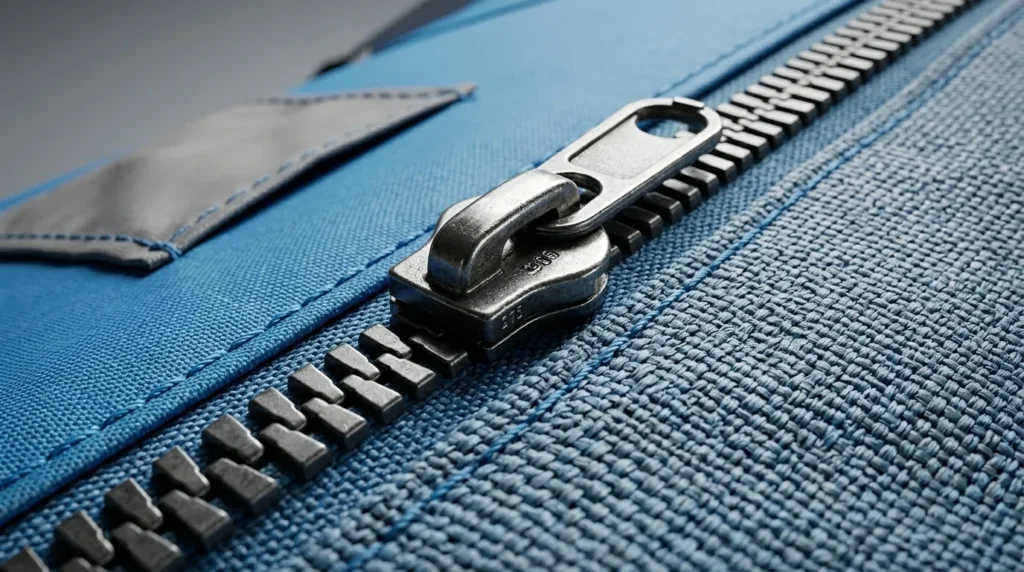 A detailed close up of the high quality zipper and reinforced stitching on an Oileus pop up tent.