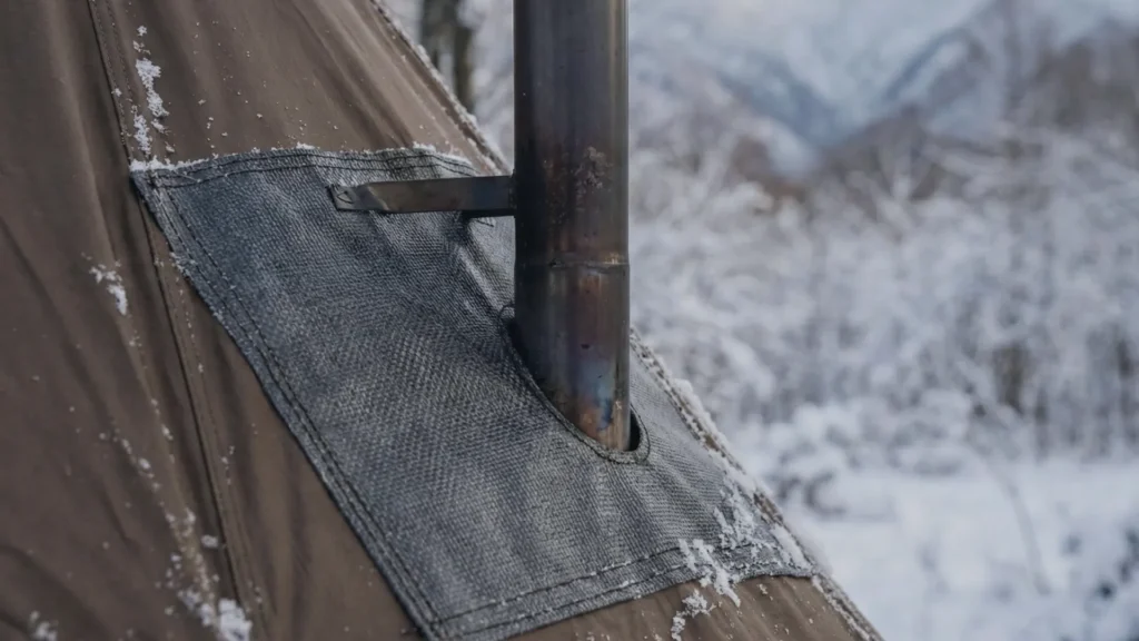 Close up of the pre-cut stove jack on the OneTigris Rock Fortress tent.