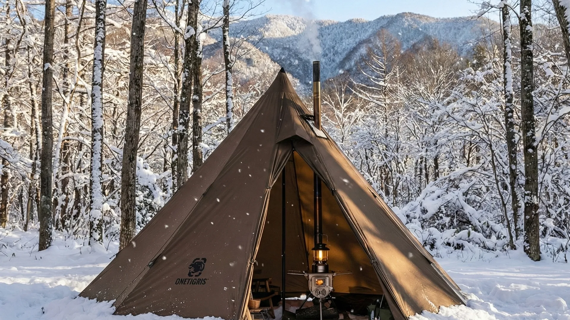OneTigris Rock Fortress hot tent pitched in a snowy forest with a wood stove chimney smoking.