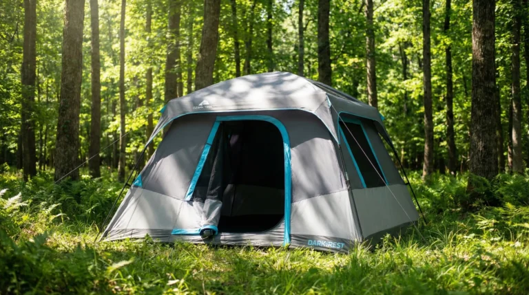 Ozark Trail 6 Person Tent Dark Rest model pitched in a sunny forest with dark interior visible.