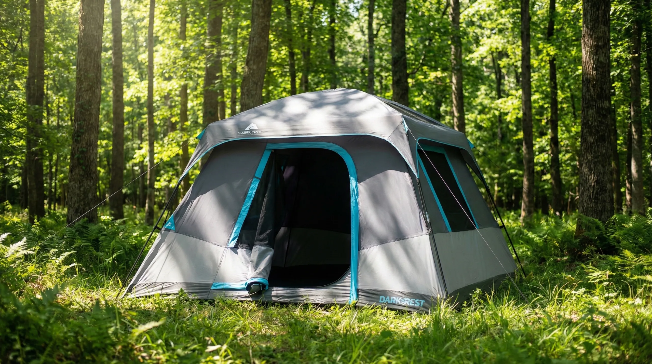 Ozark Trail 6 Person Tent Dark Rest model pitched in a sunny forest with dark interior visible.