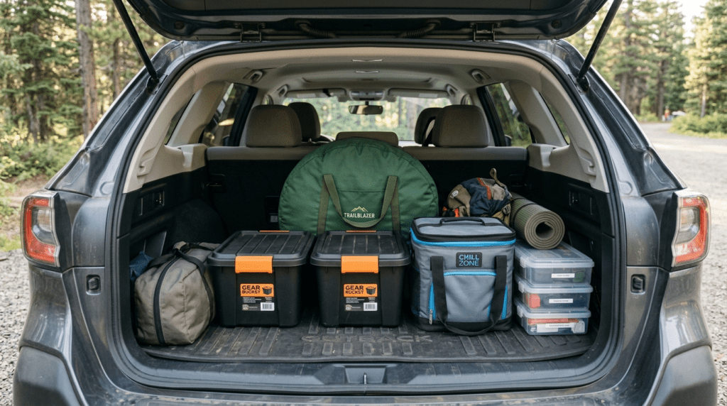 An organized car trunk showing a circular pop up tent bag stored vertically behind the seats to save space.