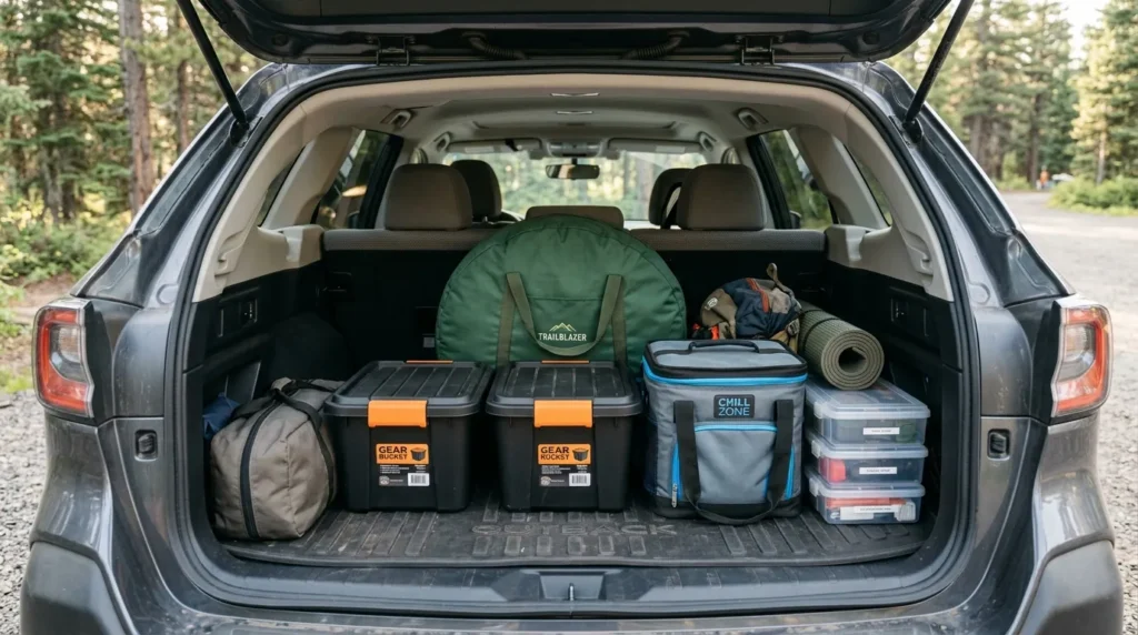 An organized car trunk showing a circular pop up tent bag stored vertically behind the seats to save space.