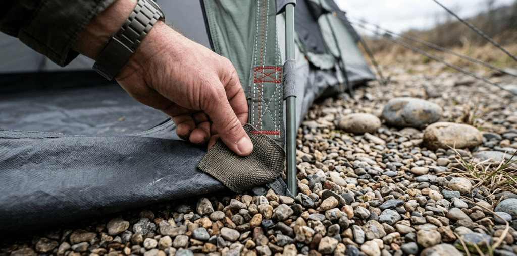 A close-up view of the durable floor material and reinforced seams on a pop up tent designed for camping.