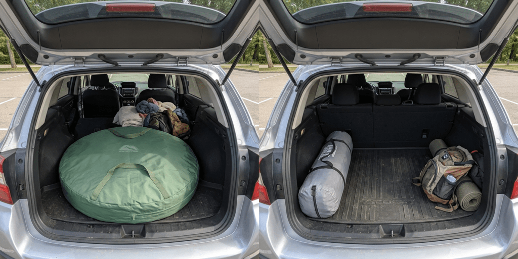 A comparison showing how a circular pop up tent takes up more trunk space than a cylindrical hub style instant tent.