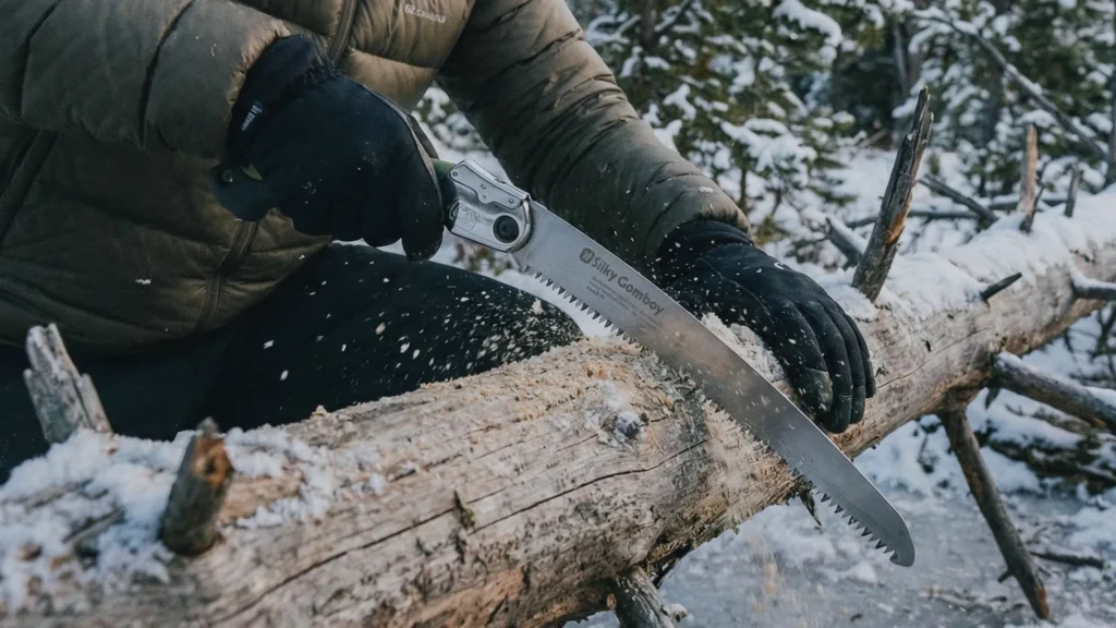 Camper using a folding saw to cut firewood in the snow for winter camping.