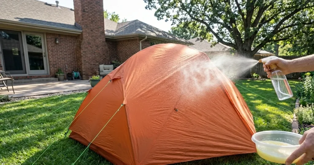A camper applying a waterproof spray treatment to the rainfly of their tent after cleaning.