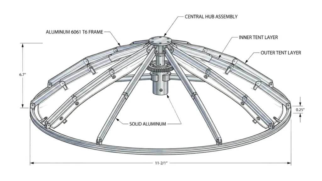 Illustration of the heavy-duty aluminum pop-up frame mechanism.