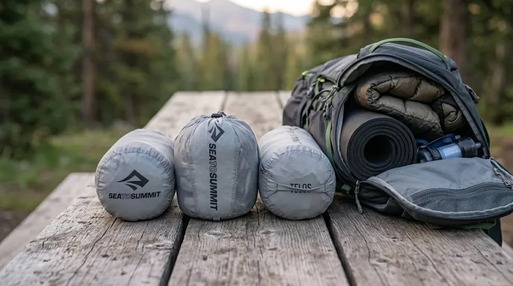 The three-part modular storage bags for the Sea to Summit Telos TR2 tent.