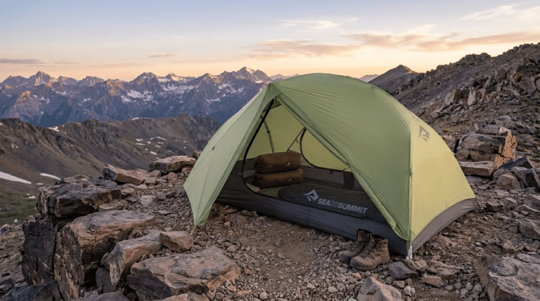 A Sea to Summit Telos TR2 bikepacking tent set up on a rocky ridge at twilight.