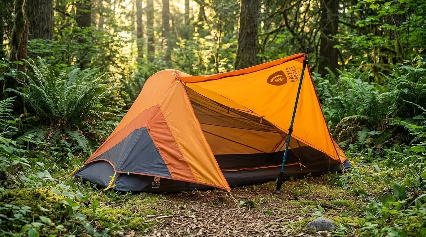A Sierra Designs High Side 1 solo tent pitched with its awning open in a forest.