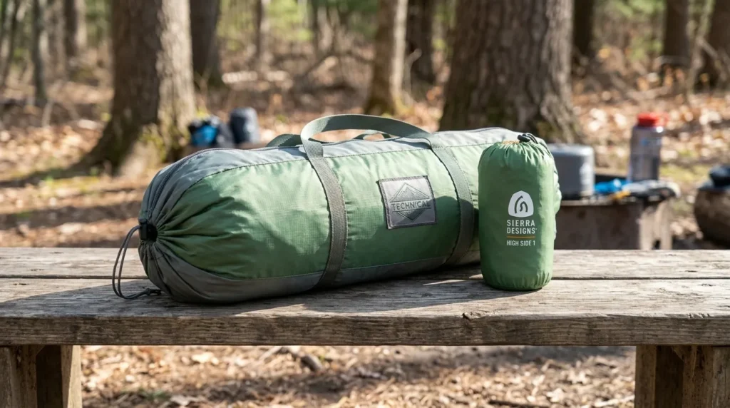 A pack size comparison between the Sierra Designs High Side 1 and a standard solo backpacking tent.