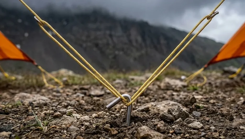 A silver titanium tent stake anchoring a Sierra Designs High Side 1 tent in rocky soil.