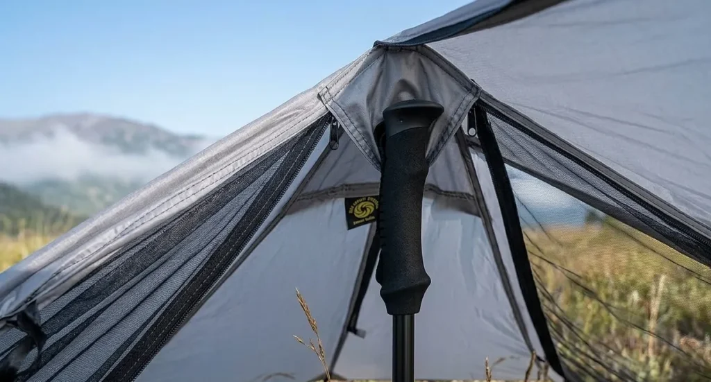 A trekking pole supporting the peak of a Six Moon Designs Lunar Solo tent.