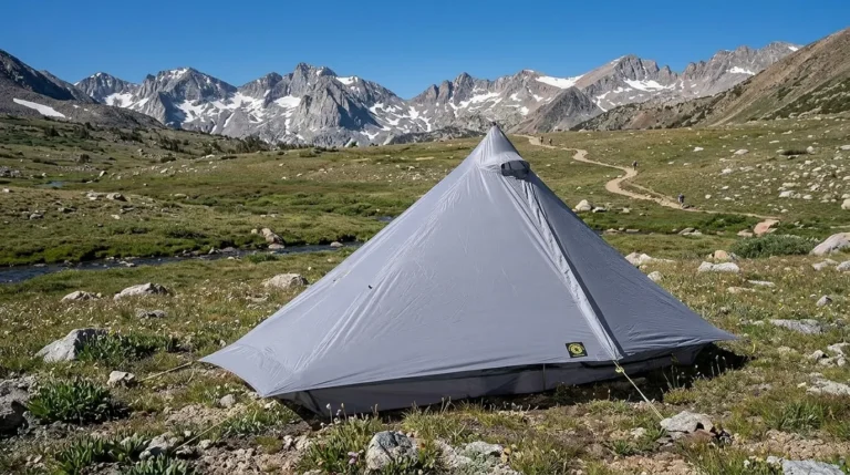 A Six Moon Designs Lunar Solo trekking pole tent pitched in a scenic mountain meadow.