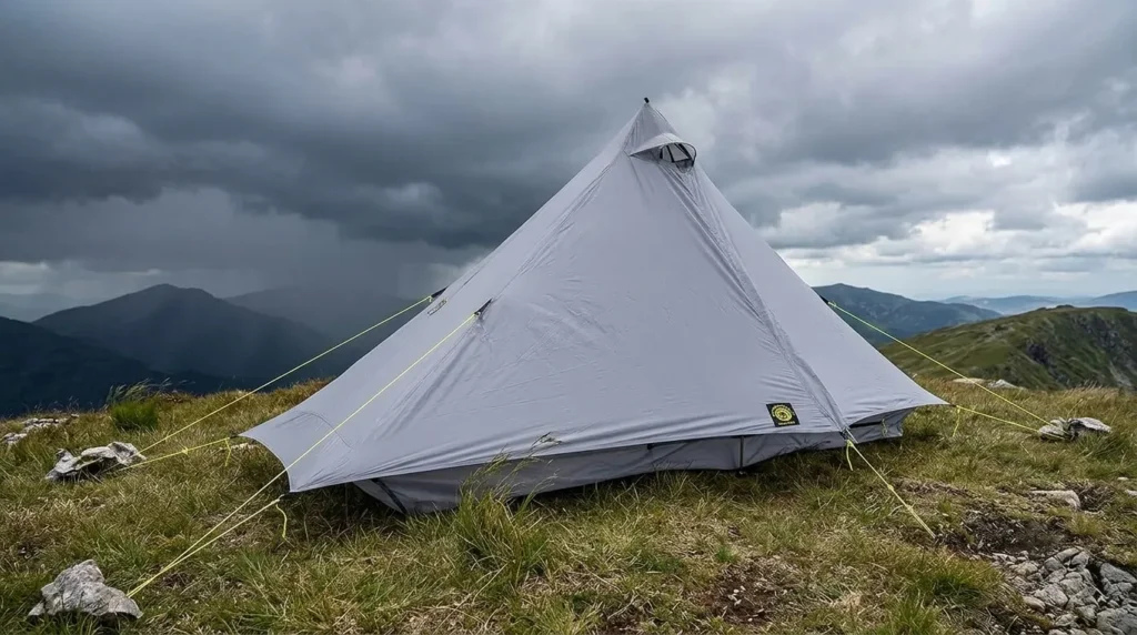 A Six Moon Designs Lunar Solo tent showing its stable aerodynamic shape in high wind conditions.