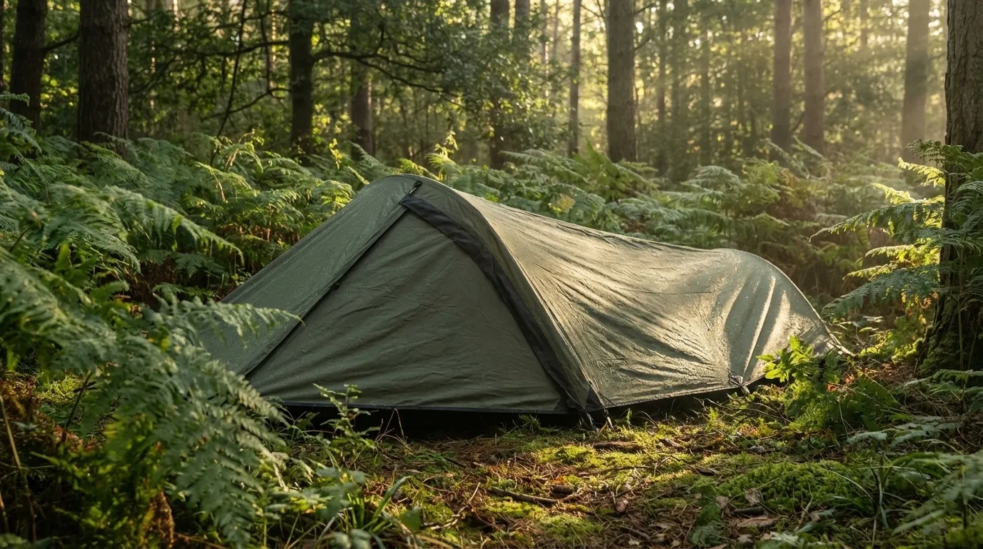 Snugpak Ionosphere 1 person tent hidden in a mossy forest for stealth camping.