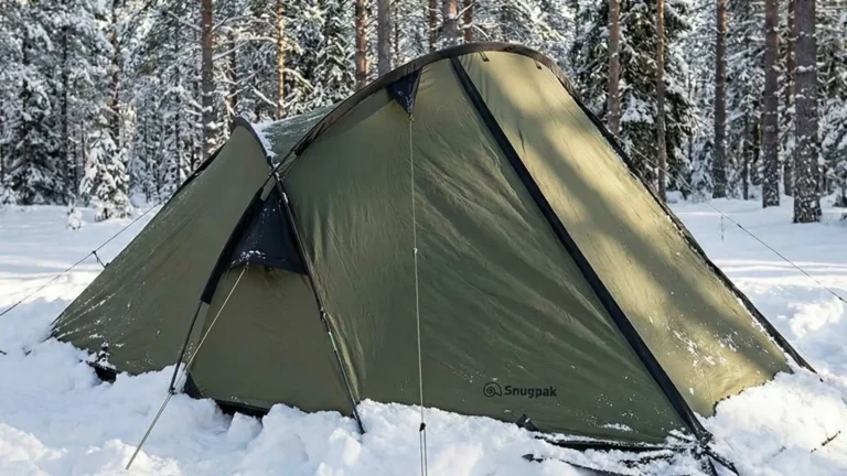 Snugpak Scorpion 3 tunnel tent pitched in the snow for winter camping.