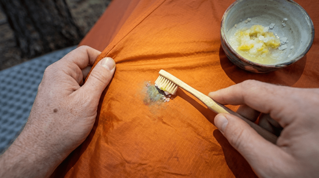 Using a toothbrush and natural cleaner to remove mold spots from a camping tent.