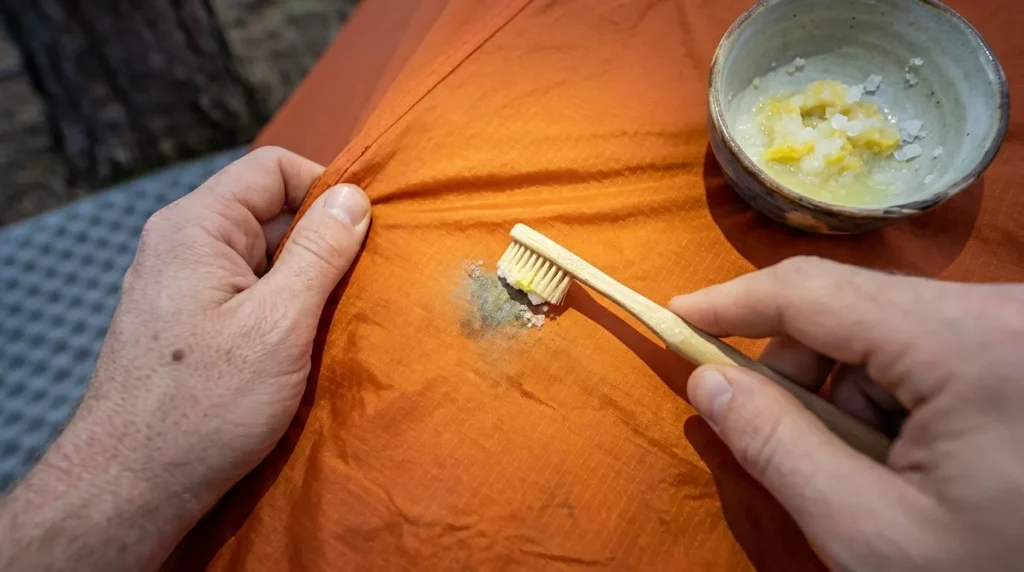 Using a toothbrush and natural cleaner to remove mold spots from a camping tent.
