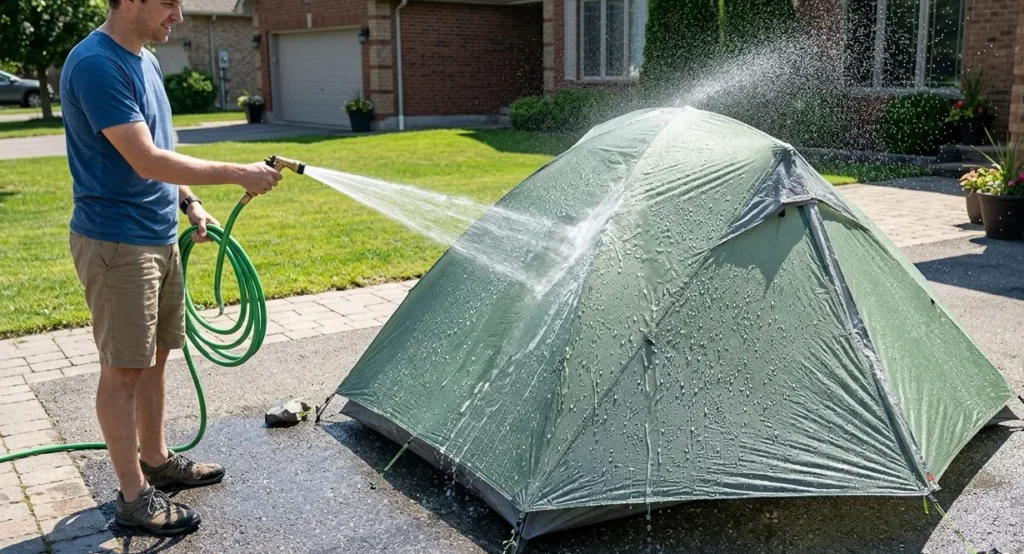Testing a newly sealed backpacking tent using a garden hose to verify waterproofing.